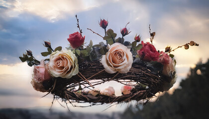 Unique Floral Crown Composed Of Roses And Thorns Hovering In A Cloudy Outdoor Setting