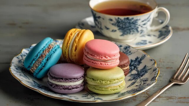 Assorted colorful macarons with floral tea cup on rustic table