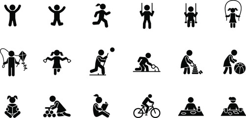 Children activity icons playing sports, reading, cycling, swinging, jumping rope, building toys, outdoor and indoor kids activity silhouette set