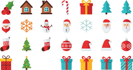 Christmas holiday icons set with Santa, snowman, gifts, trees, stockings, snowflakes, ornaments, festive winter decoration vector collection