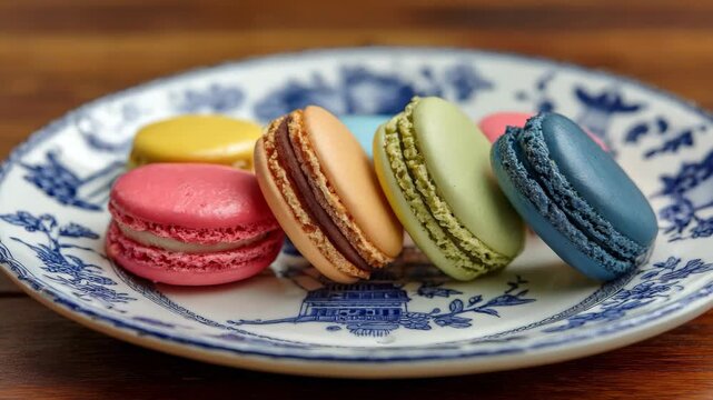 Colorful assortment of macarons on blue and white patterned plate