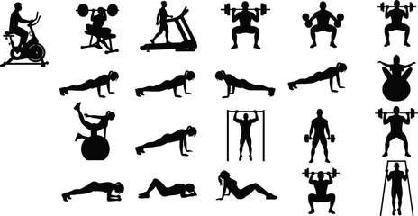 Silhouettes of men and women doing gym workouts, weightlifting, pushups, cycling, treadmill running, fitness training and exercise vector illustration set