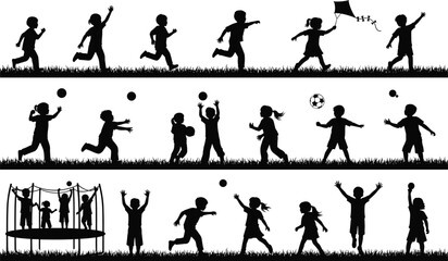 Silhouettes of people and children planting trees, watering saplings, digging soil, teamwork environmental conservation, nature care activity vector set