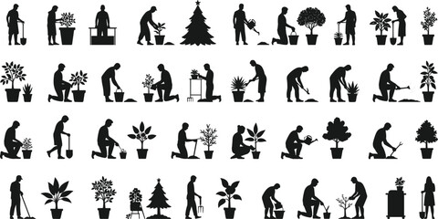 Silhouettes of people gardening, planting trees, watering potted plants, caring for flowers and shrubs, outdoor garden work activity vector set