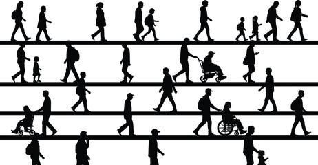 Silhouettes of people walking, families with children, wheelchair users, commuters and pedestrians moving in rows, urban walking activity vector set