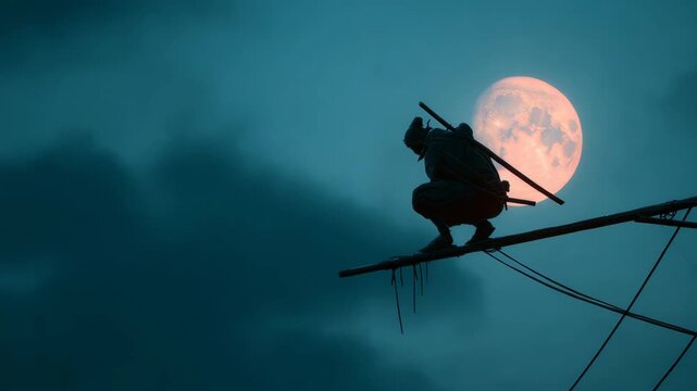 Silhouette of ninja on pole with full moon background in mysterious night sky