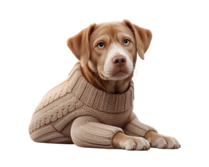 Adorable light brown puppy wearing a cozy beige knitted sweater, lying down and looking directly at the camera on a black background. Perfect for pet, Christmas, or winter-themed projects, conveyin