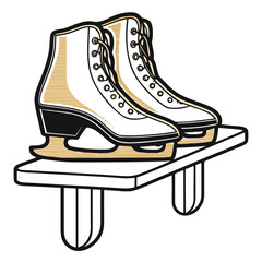 Ice skates displayed on a wooden bench in winter concept  