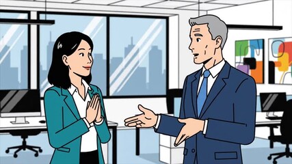 Two business cartoon characters talking with each other in office setting, professional discussion and animated corporate scene. - Powered by Adobe