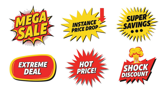 Vector illustration of vibrant comic style set of six sale and discount badges and stickers, isolated on