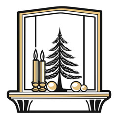 Christmas window decoration with candles and pine tree silhouette  