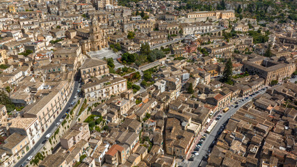 Aerial view of the Cathedral of San Giorgio, located in Modica, in the province of Ragusa, Sicily, Italy. This church is a symbol of Sicilian Baroque and the town's main attraction.