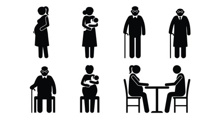 Vector illustration of diverse stick figures illustrating human life stages, family, pregnancy, and elderly care, isolated on
