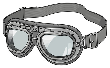 Detailed illustration of vintage aviator goggles with clear protective lenses and adjustable strap, evoking a sense of classic adventure, retro exploration, and steampunk style