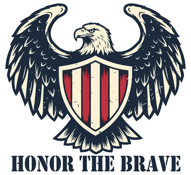 Patriotic illustration of a majestic American bald eagle with wings spread, clutching a striped shield as a powerful symbol of national honor and valor