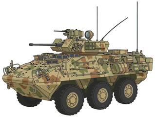 Fototapeta premium Illustration of an armored military vehicle featuring a rotating turret, six wheels, and camouflage design for use in combat situations and military operations