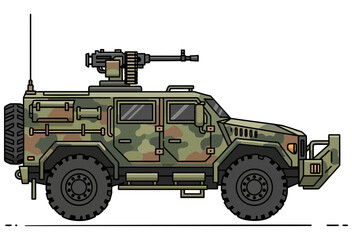 Fototapeta premium Military Camouflage Armored Vehicle with Mounted Machine Gun and Antenna, Tactical Transport Truck Illustration