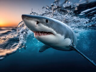 Naklejka premium Shark swimming near the surface during sunset over the ocean water