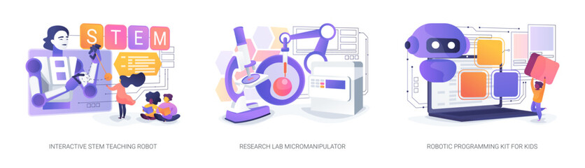 Educational and Scientific Robotics in Action abstract concept vector illustrations.