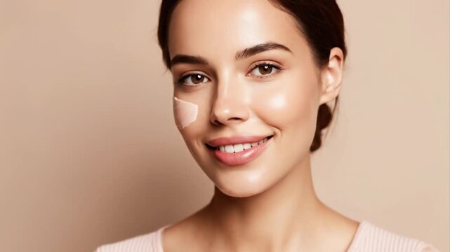 Woman applying face cream foundation to achieve pure healthy skin. Skincare routine for beauty and wellness. Youth and fresh look concept. Minimalistic style. Pretty 30s young girl. Beige background.