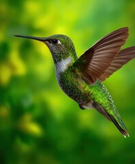 Obraz premium Colorful hummingbird feeding in vibrant green garden during sunny day