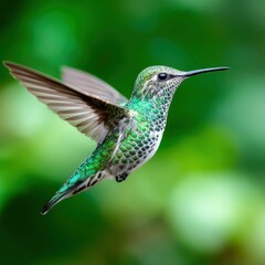 Obraz premium Bright green hummingbird hovering in a lush garden during daylight hours