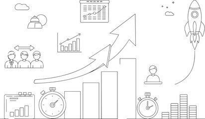Business growth analytics with rising arrow, productivity charts, teamwork icons, financial progress bars, and startup rocket launch – flat vector illustratio