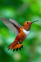 Obraz premium Vibrant hummingbird hovering in a lush green garden during sunny day