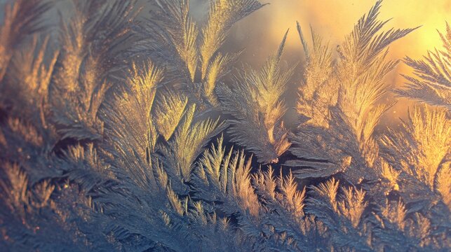 macro view of intricate frost feather formations covering a window pane illuminated by golden winter sunrise each icy branch sharply detailed layered