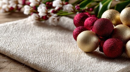 A smooth cream canvas serves as the base for a beautiful abstract pattern featuring muted red and gold Christmas balls clustered at one edge, creating an elegant holiday background. 
