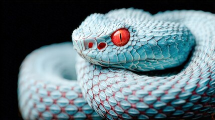 Fototapeta premium Bright blue snake with red eyes resting on a dark surface in a serene pose