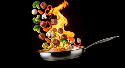 Fresh vegetables and meat tossed in a flaming wok with fire
