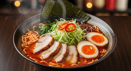 Delicious bowl of ramen with pork slices and soft boiled eggs