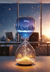 Time slips away in an hourglass as the fleeting nature of the festive New Year's Eve. An hourglass in a modern office. New Year's Eve in an hourglass 