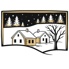 Snowy village landscape with houses and trees under starry sky  