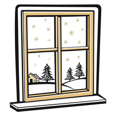 Snowy window view with trees and house in winter landscape  