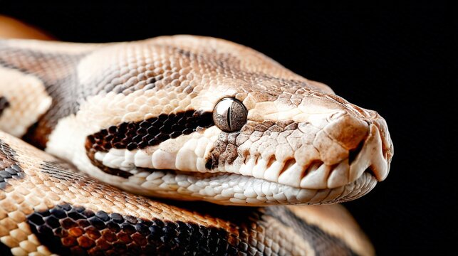 Close-up of a ball python revealing its unique scales and striking eyes