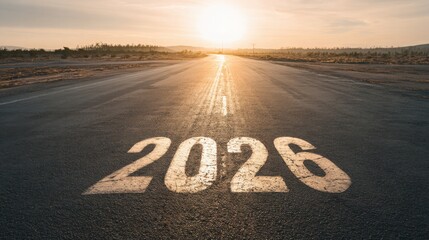 Number 2026 painted on an empty asphalt road, perspective view, sunlight casting long shadows, minimalistic landscape, motivational journey concept