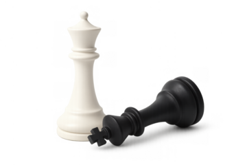 White queen standing triumphant over a fallen black king, representing victory, power, and strategic success