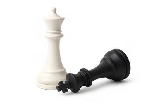 White queen standing triumphant over a fallen black king, representing victory, power, and strategic success