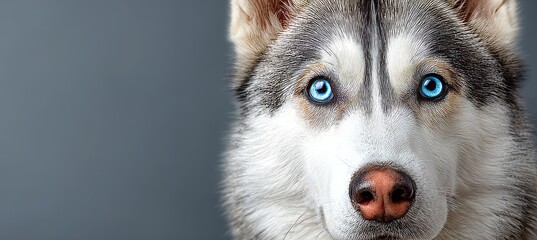 Obraz premium Siberian Husky with Captivating Blue Eyes Posed Against a Soft Gray Studio Background