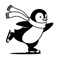 Obraz premium Happy penguin silhouette ice skating fast with scarf vector illustration