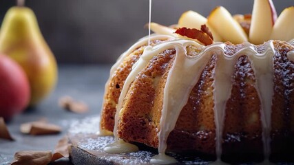 Video A delicious bundt cake with creamy icing and fresh apples in the background, perfect for a snack or dessert