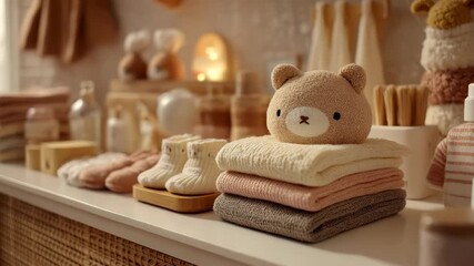 Cozy baby room decor with knitted bear, soft towels, and baby booties