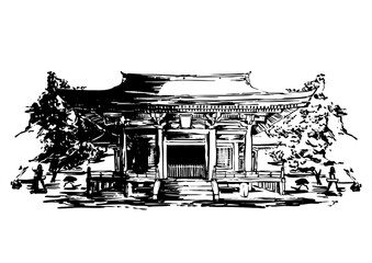 Sumi-e Shinto Shrine Surrounded by Trees – Sacred Forest Courtyard Illustration