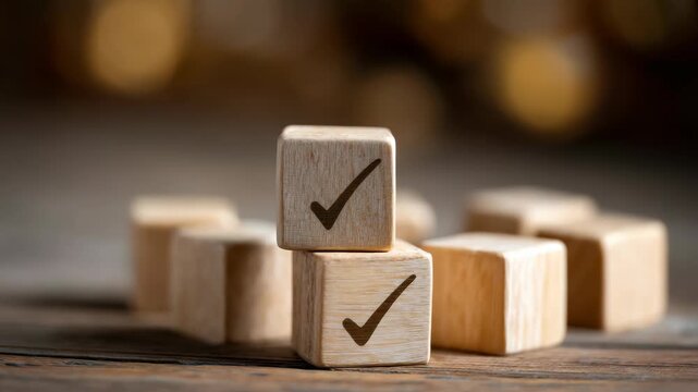Wooden blocks with check marks on a rustic table surface