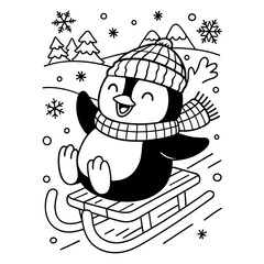 Happy Penguin Sledding Vector Illustration
