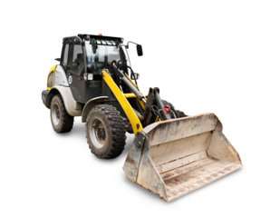 A yellow and black wheel loader construction vehicle with a large dirty bucket, isolated on a light gray background.PNG