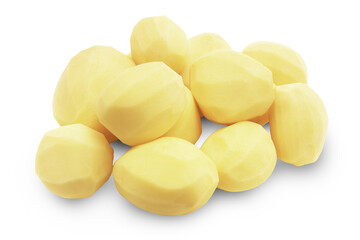 A close-up of a pile of several raw, freshly peeled yellow potatoes, isolated on a bright white background.