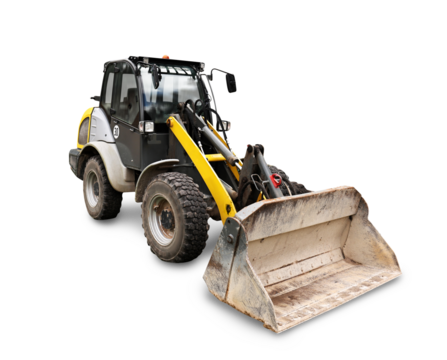 A yellow and black wheel loader construction vehicle with a large dirty bucket, isolated on a light gray background.PNG